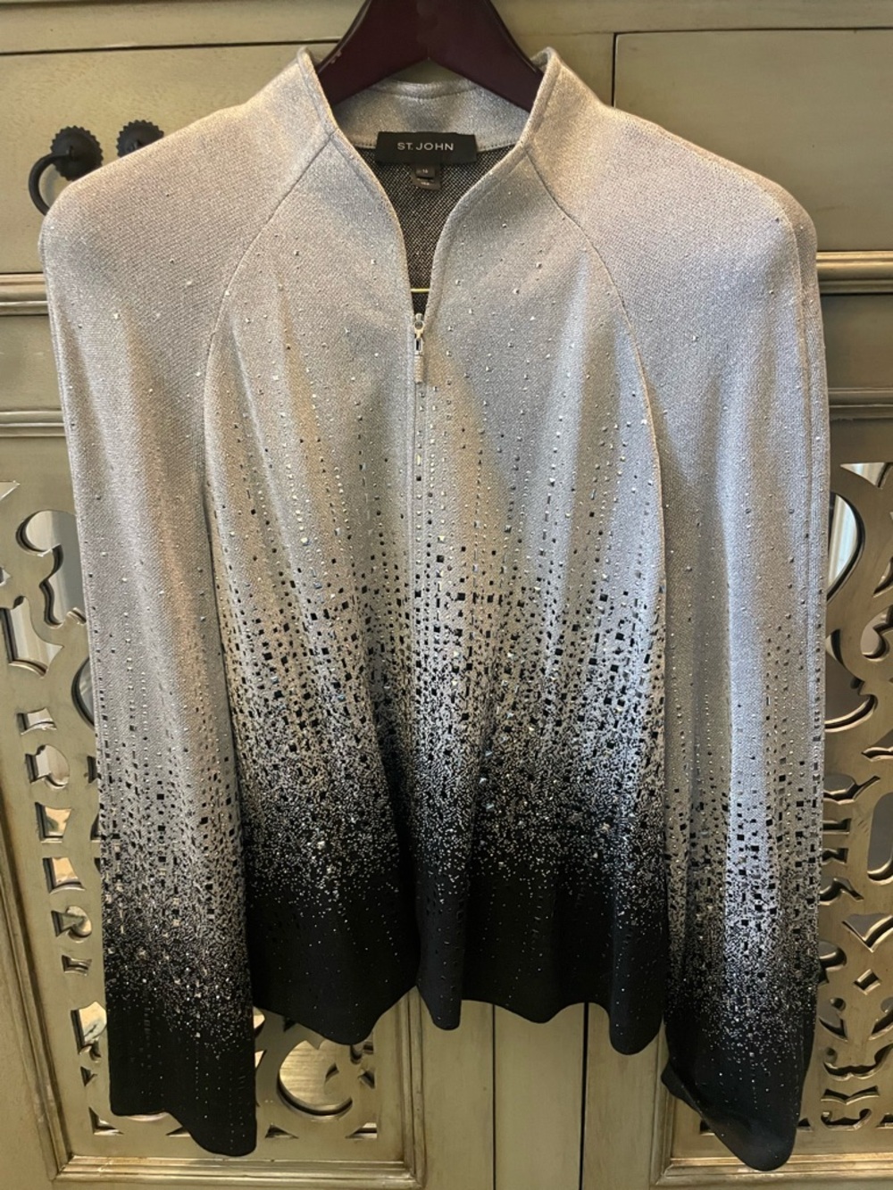 St. John Silver and Black Ombre Zip Cardigan with Rhinestone Detail